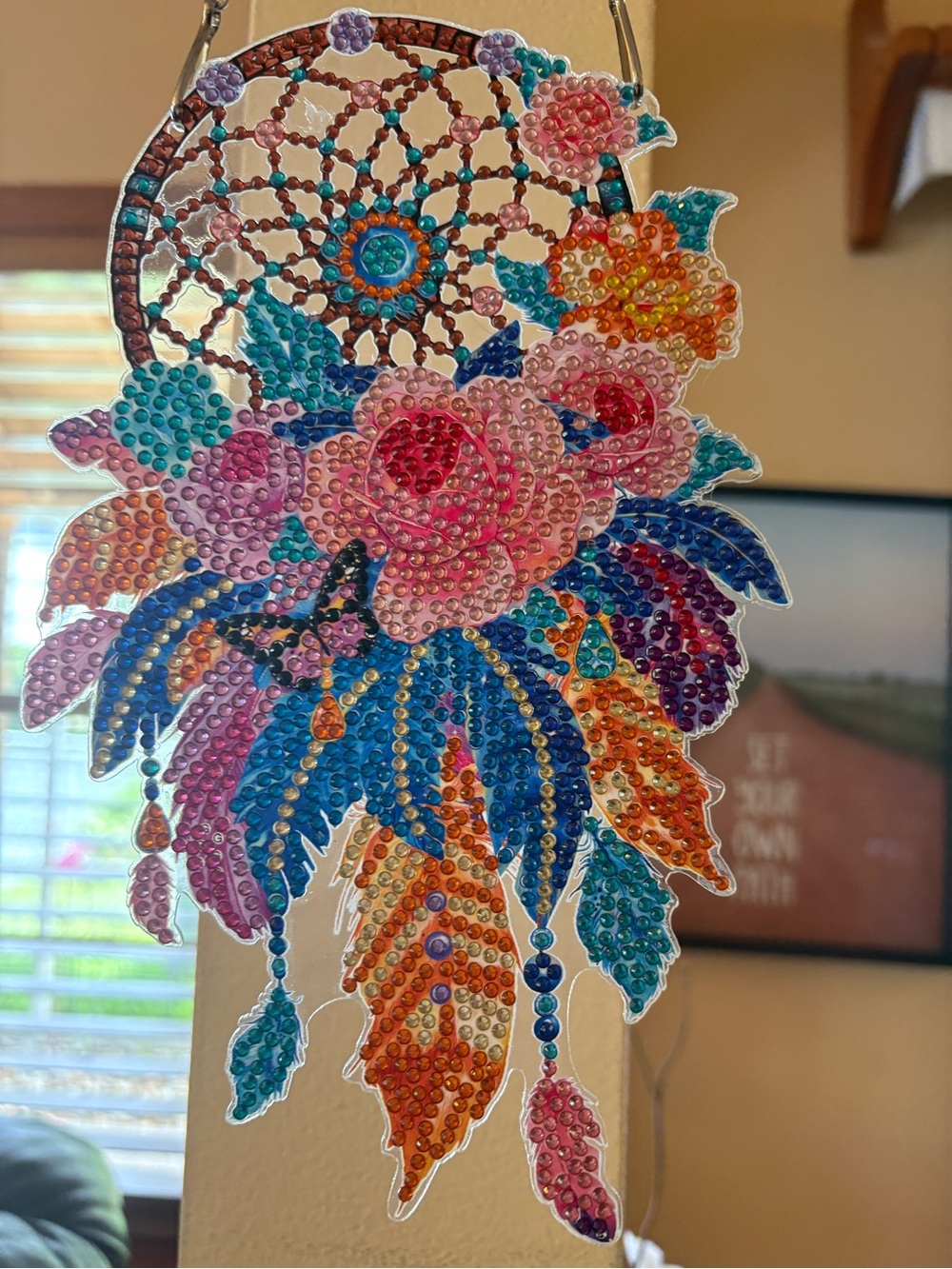 Beautiful NWT Handmade Floral Dreamcatcher Glass Hanging Art. 9” x 5.5”